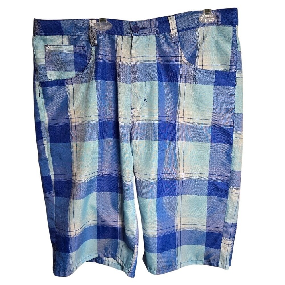 Bluez Mens Shorts 2XL plaid Blue White Checkered Polyester Casual Summer 5Pocket